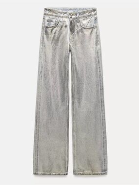 Zara Metallic Silver Wide-Leg Jeans